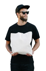 Young man holding white textile eco bag. White eco bag for mock up...
