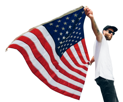 Happy hipster man holding American or USA flag. He is wearing casual clothes. - Powered by Adobe