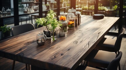 Fototapeta na wymiar top view of kitchen table with blurred modern interior