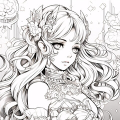 Dive into the world of manga comics with this kawaii anime princess coloring illustration..