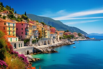 Charming coastal village near Nice in the French Riviera. Generative AI - obrazy, fototapety, plakaty