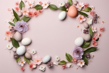 Naklejka na ściany i meble Many different flowers and leaves with Easter eggs. Abstract natural framing composition with space for text. Minimalistic flat lay. Floral spring concept with copy, Generative AI