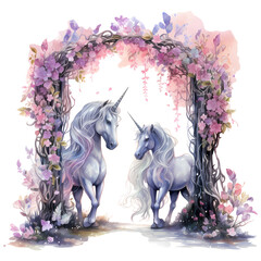 Obraz na płótnie Canvas Unicorns with a floral archway Watercolor Clipart Sublimation AI Generative