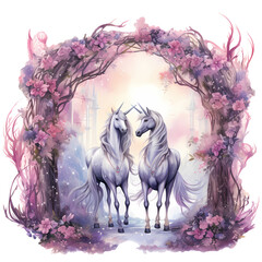 Obraz na płótnie Canvas Unicorns with a floral archway Watercolor Clipart Sublimation AI Generative