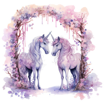 Unicorns with a floral archway Watercolor Clipart Sublimation AI Generative