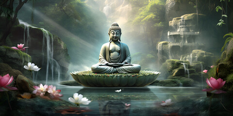 buddha statue in the templeTranquil Buddha Statue in Temple Serenity - obrazy, fototapety, plakaty