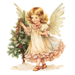 Christmas Angel with Christmas Tree Watercolor Clipart, Angel Girl Xmas Decoration, Vintage Angel Illustration