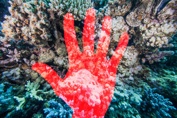 Coral reef protection background. Do not touch. Touching forbidden. Hand stop sign.
