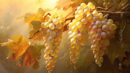 bunches of golden grapes at the winery in France golden ray of the sun.