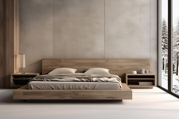 Interior design of modern bedroom with wooden bed and big windows. Generative Ai