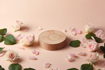 Wooden podium on trendy pastel beige background with flower buds, leaves, petals. Abstract cosmetics composition backdrop with roses. Beauty layout. Summer, aroma water, Generative AI