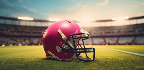 american football helmet in the field with a stadium in the background