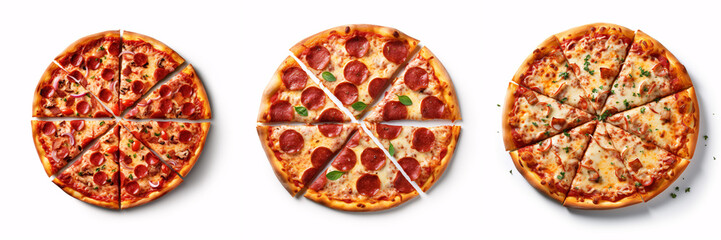 Classic pizza set from pizzeria top view with cut slices isolated on a white background. - obrazy, fototapety, plakaty