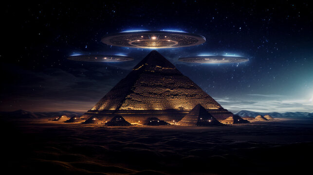UFO or UAP flying in the sky above a great pyramid in a desert area at night