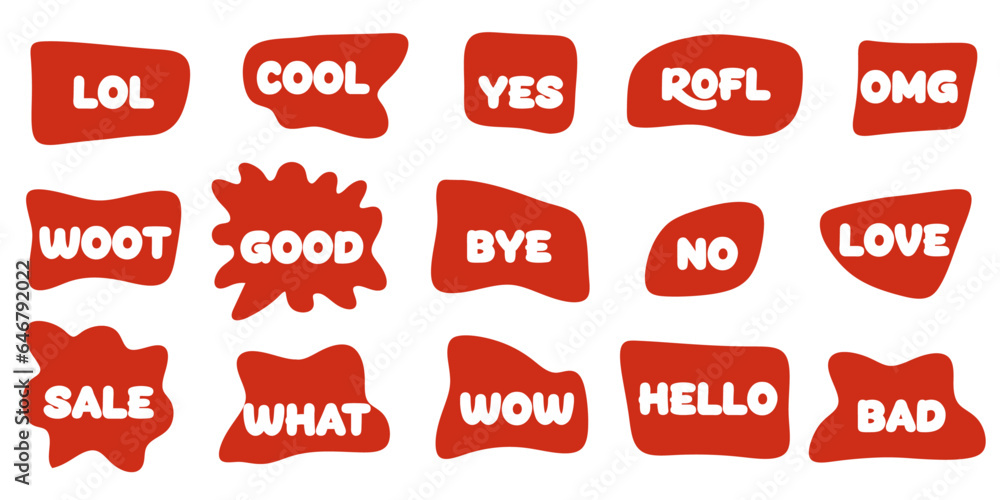 Poster Red bubble clouds with emotion words. Clouds of online chats Bubble Talk phrases with comments of different words.