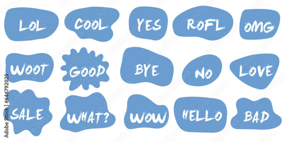 Aufkleber Clouds of online chats Bubble Talk phrases with comments of different words. Blue bubble clouds with emotion words.
