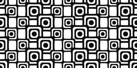 Fototapeta na wymiar Black and white rings squares. Seamless abstract interior pattern. A stylish pattern of square rings connected in a chain or mesh.