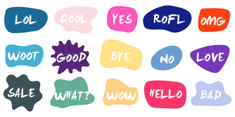 Clouds of online chats Bubble Talk phrases with comments of different words. Colorful bubble clouds with emotion words.