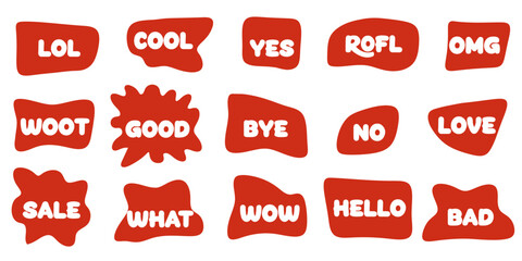 Red bubble clouds with emotion words. Clouds of online chats Bubble Talk phrases with comments of different words.