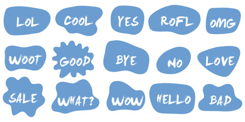 Clouds of online chats Bubble Talk phrases with comments of different words. Blue bubble clouds with emotion words.