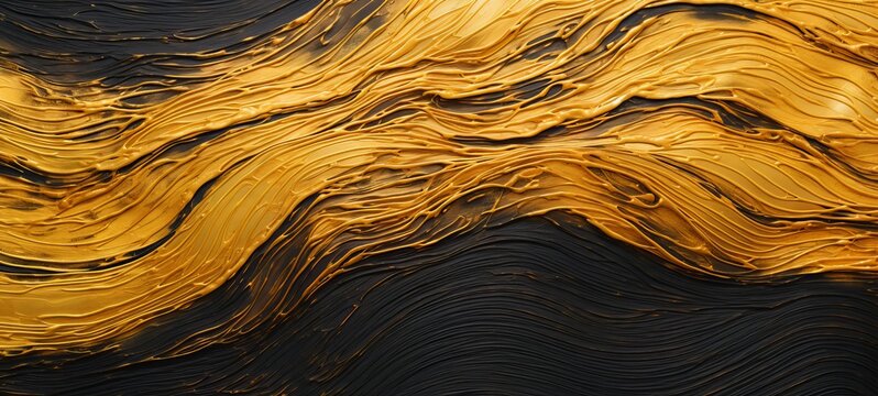 Abstract Gold Black Acrylic Painted Fluted 3d Painting Texture Luxury Background Banner On Canvas - Golden Waves Swirls