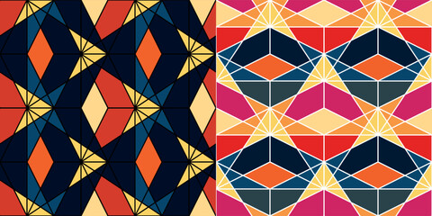 geometric figures rhombuses stained glass seamless pattern, Stained glass graphic ornament