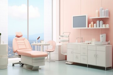 Contemporary clinic with vacant cosmetology cabinet, dermatologist office, salon for skincare treatment. Generative AI - obrazy, fototapety, plakaty
