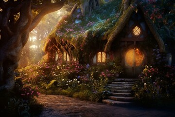 Enchanting dwelling adorned with blossoms and illuminations among mystical woodland. Generative AI