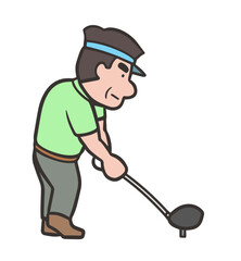 ゴルフスイングをする男性、ドライバーショットのインパクト、後方5