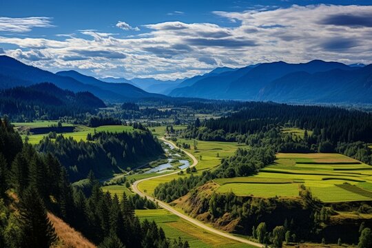 Scenic view of valley near Abbotsford, British Columbia in the summer. Generative AI