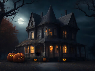 Fototapeta na wymiar Halloween Pumpkin spooky decorations house for the spookiest day of the year 