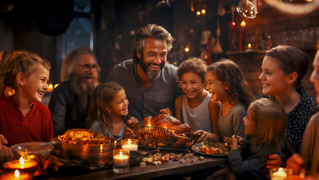 A Big Happy Family Celebrates Christmas At A Restaurant. The Main Dish On The Festive Table Is Roast Turkey