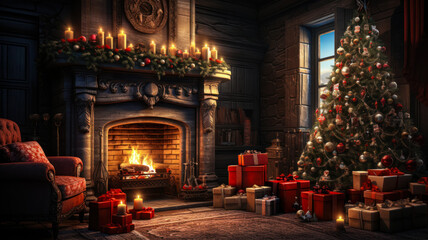 Fototapeta na wymiar Christmas tree in an old house near the fireplace with a mountain of gifts, cozy home holidays