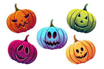 A set of Halloween pumpkins with different facial expressions.The symbol of the Halloween holiday.Scary and funny colorful pumpkins.Vector illustration.