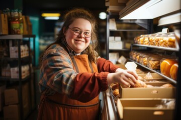 Employee with down syndrome working in a supermarket - obrazy, fototapety, plakaty