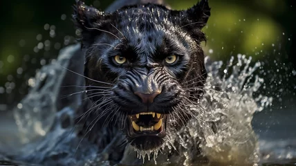 Tuinposter black panther runs in splashing water dynamic scene. © kichigin19