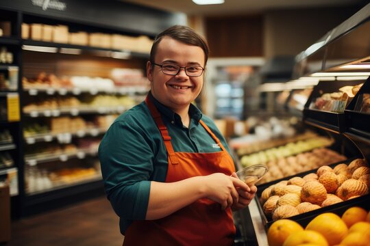 Store employee with down syndrome working in a produce store selling stuff