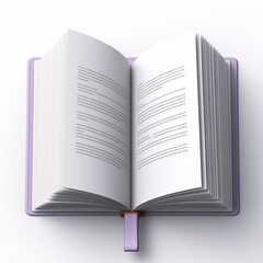 Fototapeta premium 3D icon of an open book, copybook, and diary, featuring clean white blank pages and a cute bookmark, all in a charming cartoon minimal style
