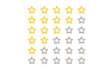 Gold, gray five stars shape on a white background. Rating stars with tick. Feedback evaluation. Rank quality. Feedback from 0 before 5 for apps and websites.