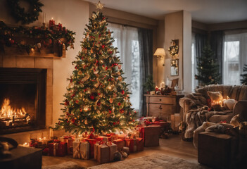 Fototapeta na wymiar Decorated Christmas tree and gift boxes. Generative AI