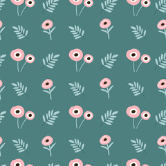 Seamless pattern with pink flowers and leaves on green background