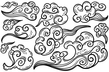 Clouds. Set of clouds. Wind. Sketch. Hand drawing. Isolated on a white background.