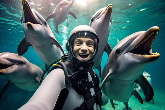 scuba diver taking a selfie picture with a group of dolphins. Environmental protection concept