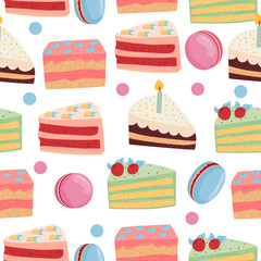 Seamless pattern. Cake. A piece of cake with a candle. Cake set isolated on white background. For your design.