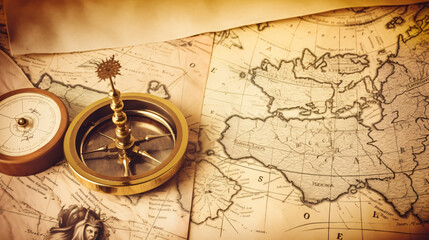 Nautical Nostalgia: Vintage Sailboat, Compass, and Ancient Map. Dive into the maritime past, delving into sea voyages, discoveries, pirates, sailors, geography