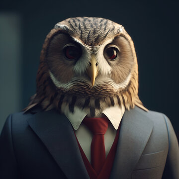 Image of an owl businessman wearing a suit on clean background. Wildlife Animals. Illustration, generative AI.