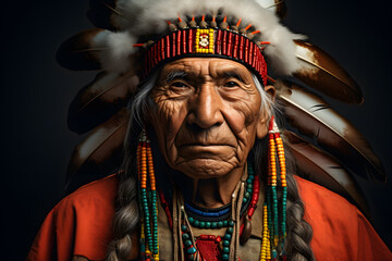 Colorful studio portrait of an old native american man wearing traditional jewelries. Bold, vibrant and minimalist. Generative AI