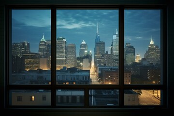 Nighttime cityscape view from high-rise window of an empty room with beautiful Philadelphia skyline buildings. Generative AI