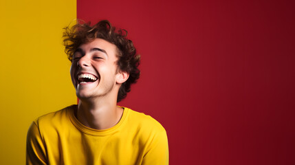 Fototapeta na wymiar Colorful studio portrait of an attractive young man laughing happily. Bold, vibrant and minimalist. Generative AI