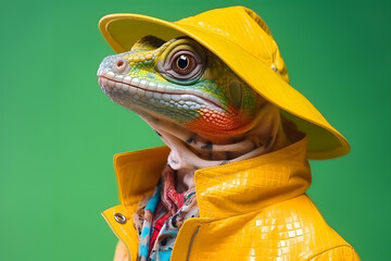 Portrait of a chameleon wearing a raincoat and an umbrella in studio, colorful background. Autumn concept. Generative AI